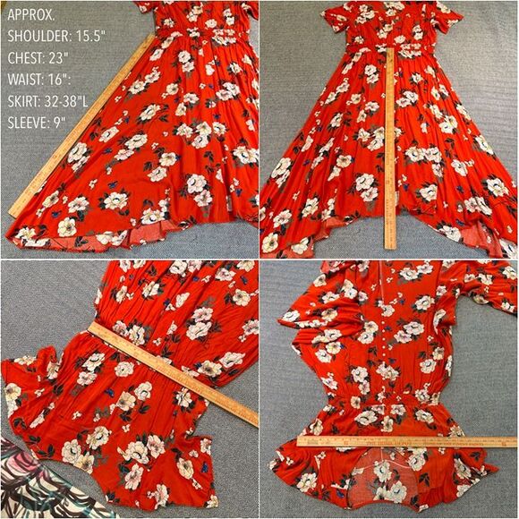 Retro Tomato Red & White Floral Flowy Short Sleeve Button Down A Line Maxi Dress - Picture 12 of 12